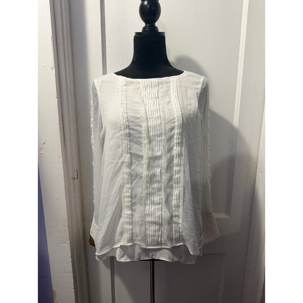 White House Black Market White Pintuck Lace Long Sleeve Blouse Top 6P